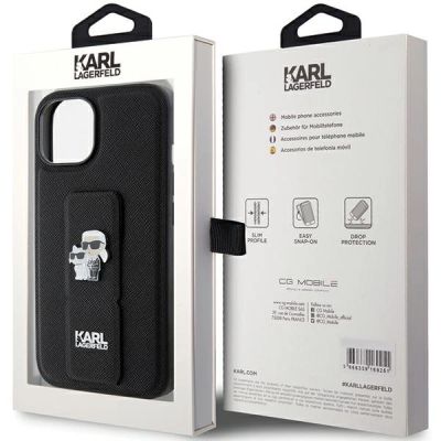 8. Karl Lagerfeld Gripstand Saffiano Karl&Choupette Pins Hülle für iPhone 15 – Schwarz