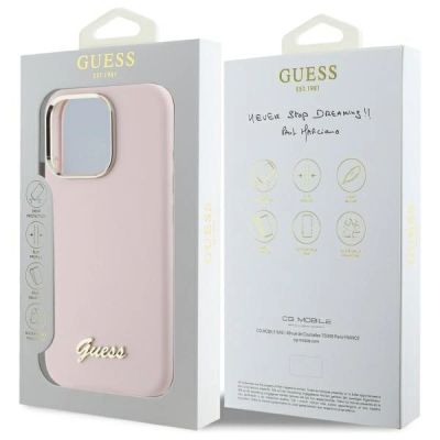 8. Guess Silikon Script Metal Logo & Frame Hülle für iPhone 16 Pro Max – Rosa