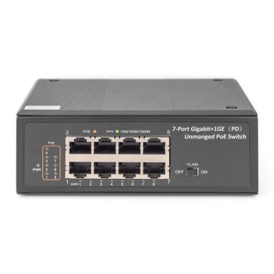 4. Industrieller Switch mit 7 Ports, Gigabit PoE+, 1x PD, IEEE802.3af/at, DIN-Schienenmontage und erweitertem Temperaturbereich.
