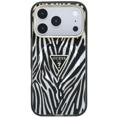3. Guess IML Zebra Glitter Triangle Logo MagSafe Hülle für iPhone 18 Pro / 17 Pro - Silber