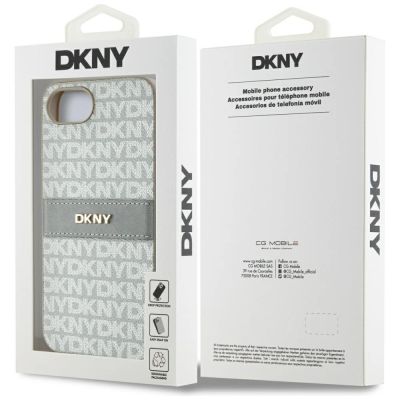 8. DKNY iPhone 16e Hülle mit wiederholtem Texturmuster und farblich abgestimmten Streifen – Beige