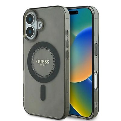 Guess IML Rhinestones MagSafe Hülle für iPhone 16 Plus – Schwarz