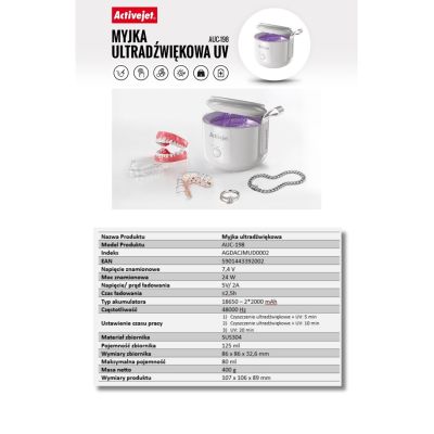 19. Activejet AUC-198 kabelloser Ultraschall-UV-Reiniger. Für Zahnprothesen, Zahnspangen und Schmuck, weiß.