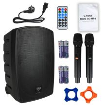 V-TONE BQ12 GO MP3 – Aktivlautsprecher, wiederaufladbar, schwarz, Bluetooth, TWS, USB, SD, DSP, AUX, Infrarot-Fernbedienung, 2 drahtlose Mikrofone, ausziehbarer Griff, Transportrollen