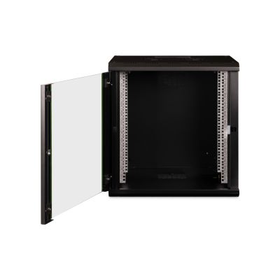 5. Einzigartiger 19-Zoll-12-HE-Wandnetzwerkschrank (600 x 450 mm), Glastür, schwarz, ungeteilt, montiert, 100 kg