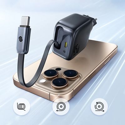 6. Baseus EnerCore CJ11 45W Wandladegerät mit USB-C-Anschluss und einziehbarem USB-C-Kabel – Schwarz