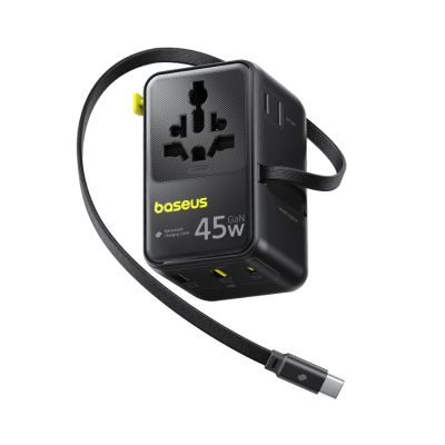 Baseus PicoGo AG11 45W 6-in-1 Reiseadapter mit einziehbarem USB-C-Kabel – Schwarz