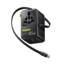 Baseus PicoGo AG11 45W 6-in-1 Reiseadapter mit einziehbarem USB-C-Kabel – Schwarz