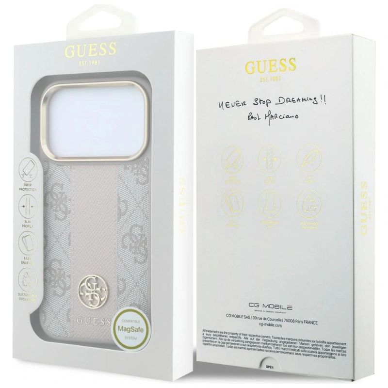 8. Guess 4G MagSafe-Hülle mit runden und klassischen Stripe-Logos für iPhone 17 Pro / 18 Pro – Pink