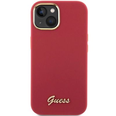 3. Guess Silikon Script Metal Logo & Frame Hülle für iPhone 15 – Rot