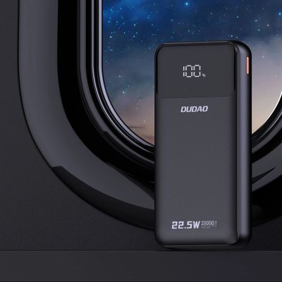 6. Dudao K15Pro Powerbank 20000 mAh 22,5 W PD USB-C / USB-A / integrierte Lightning und USB-C-Kabel – Schwarz