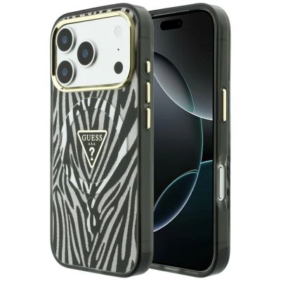 Guess IML Zebra Glitter Triangle Logo MagSafe Hülle für iPhone 18 Pro / 17 Pro - Silber