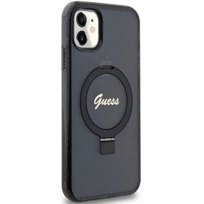 4. Guess Ring Stand Script Glitter MagSafe-Hülle für iPhone 11 / Xr – Schwarz