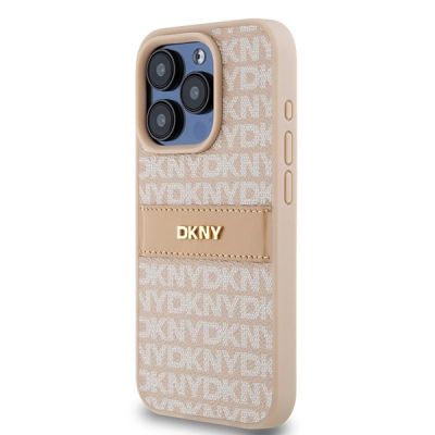 2. DKNY Lederhülle mit Monostreifen und Metalllogo für iPhone 15 Pro – Rosa