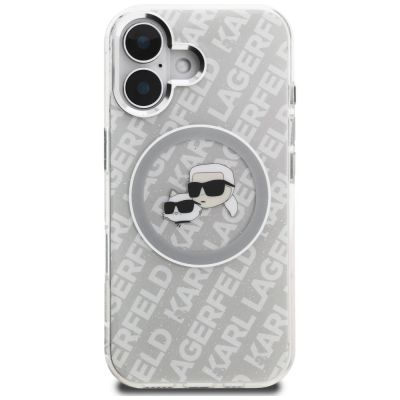 3. Karl Lagerfeld IML Glitter Karl & Choupette Heads Logo MagSafe iPhone 16 Hülle - Grau