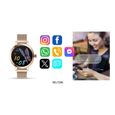 19. VELTORI VT340-1 Damen-Smartwatch, Goldarmband + rosa Silikonarmband