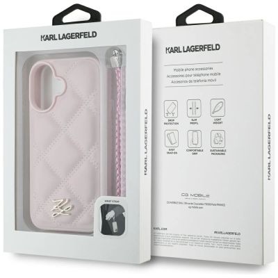 7. Karl Lagerfeld iPhone 16 Hülle mit gestepptem Initialenlogo und Kettenriemen – Rosa