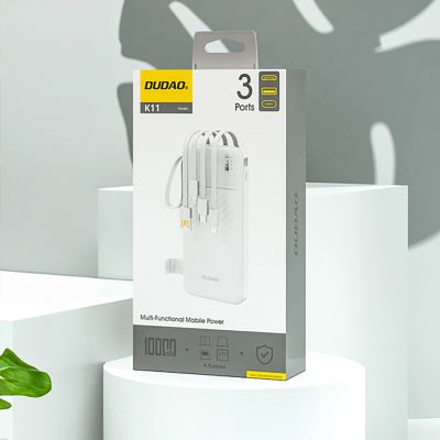 4. Dudao K11 10000mAh Powerbank mit integrierten Kabeln - Weiß