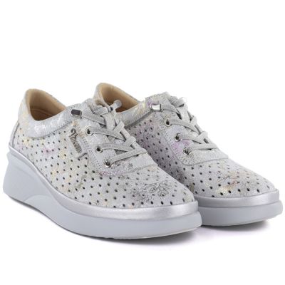 4. Graue Damen-Keilschuhe aus Leder mit durchbrochenem Muster, Vinceza 79603