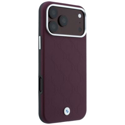 4. BMW -Logo-Schutzhülle aus gestepptem Metall mit geprägtem Metall-Logo für iPhone 18 Pro / 17 Pro – Burgunderrot