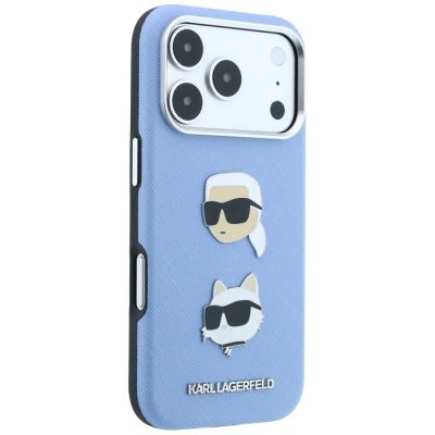 4. Karl Lagerfeld Saffiano Hülle mit Karl & Choupette Köpfen Pins & Logo für iPhone 18 Pro / 17 Pro - hellblau