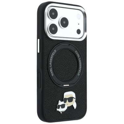 4. Karl Lagerfeld mit Ringständer 360° Karl & Choupette Köpfe Pin MagSafe Hülle für iPhone 18 Pro Max / 17 Pro Max - Schwarz