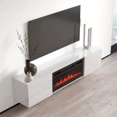 4. TV-Schrank LUXE 182,6 x 34,5 x 37,5 cm, weiß/weiß glänzend + schwarzer Kamin