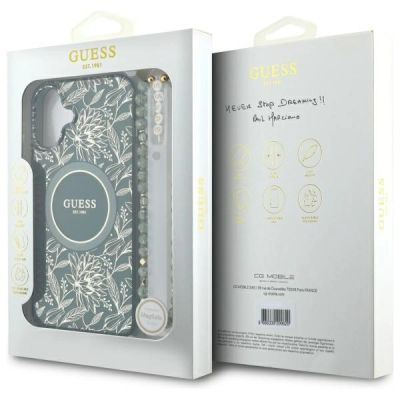 7. Guess IML Flowers Allover Electro With Pearl Strap MagSafe Hülle für iPhone 16 - grün