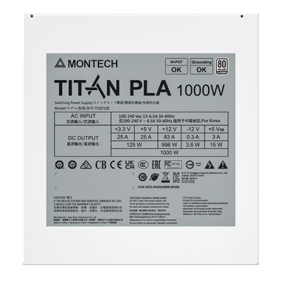 8. Montech Titan PLA 1000W – 80 PLUS & Cybenetics Platinum, modular, PCIe 5.1 – 1000 Watt, weiß