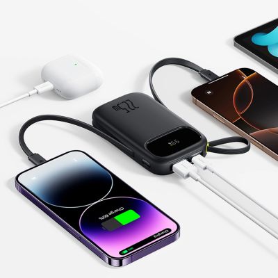 3. Baseus EnerFill FC31 10000 mAh 22,5 W Powerbank mit Digitalanzeige und 2 integrierten Kabeln (USB-C + Lightning) - Schwarz