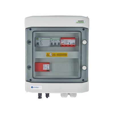 Hermetischer DC/AC-Verteilerkasten IP65 mit EMITER-Anschluss, ausgestattet mit Dehn 1000V DC-Überspannungsableiter Typ 1+2, 1 x PV-String, 1 x MPPT // Dehn AC-Leistungsbegrenzer Typ 1+2, 10A 3-F, RCD Typ A 40A/300mA