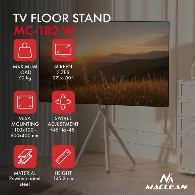 16. MACLEAN TV-Bodenhalterung / -Ständer, 37–80 Zoll, max. VESA 600 x 400, max. 60 kg, MC-182 W
