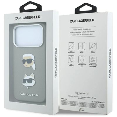 8. Karl Lagerfeld Saffiano-Hülle mit Karl & Choupette-Kopf-Pins und Logo für iPhone 18 Pro / 17 Pro – Grau