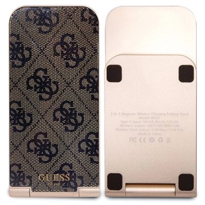 4. Guess 4G Pattern MagSafe faltbares 2in1 15W induktives Ladegerät – Braun