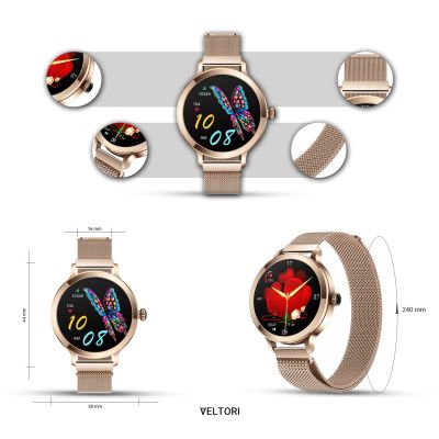 15. VELTORI VT340-1 Damen-Smartwatch, Goldarmband + rosa Silikonarmband