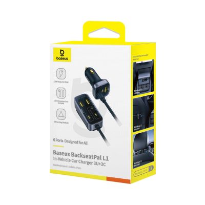 5. Baseus BackseatPal L1 110W Autoladegerät 3 x USB-A + 3 x USB-C mit 1,5m Verlängerungskabel - Schwarz