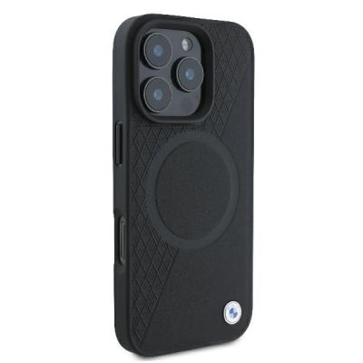 4. BMW Signature Leather Half Textured & Circle MagSafe Hülle für iPhone 16 Pro – Schwarz