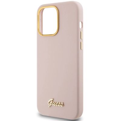 6. Guess Silikon Script Metal Logo & Frame Hülle für iPhone 15 Pro – Rosa
