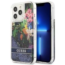 Guess Flower Liquid Glitter Hülle für iPhone 13 Pro Max – Blau