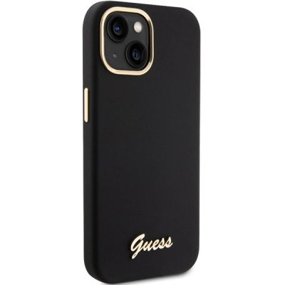 4. Guess Silikon Script Metal Logo & Frame Hülle für iPhone 15 – Schwarz