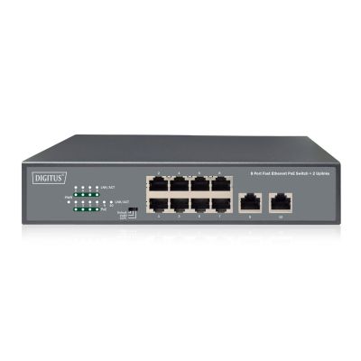 18. Unmanaged Netzwerk-Switch 19" 8x RJ45 10/100 Mbit/s, 2x FastEthernet Uplink, PoE+ 120 W Budget