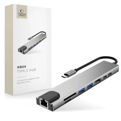 Tech-Protect HB09 USB-Hub 8-in-1 (USB-C + USB-A 3.0 + USB-C 3.0 + HDMI 4K 60Hz + SD/TF + PD 100W + RJ45 1000 MB/s) – Grau