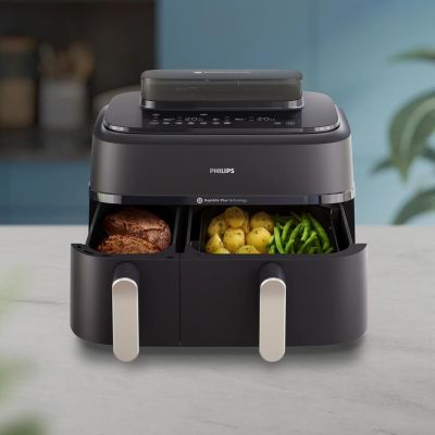 10. Philips Fritteuse der Serie 5000 NA551/00, Doppelfritteuse, 9 l, autonom, 2750 W, Heißluftfritteuse, Schwarz/Silber