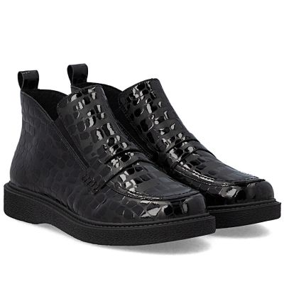 4. Damen-Ankle-Boots aus Lackleder, Krokodilmuster, schwarz, Rieker 71150-00