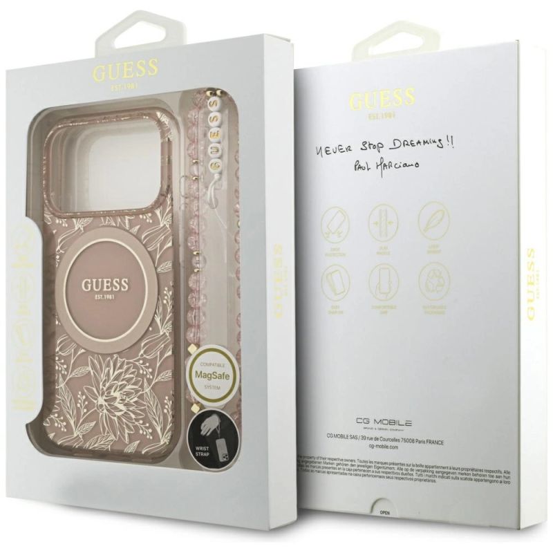 8. Guess IML Flowers Electro Pearl Strap MagSafe Case für iPhone 17 Pro - Rosa