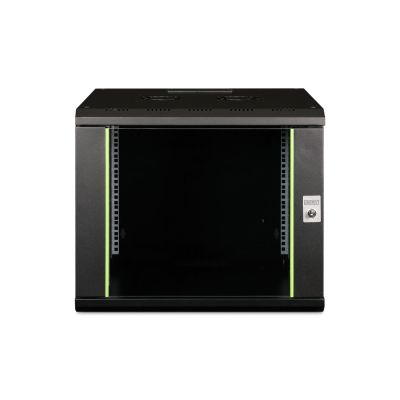26. Digitus Unique 19" 9U Rackmount-Netzwerkschrank, 600x600 mm, Glastür, schwarz, ungeteilt, montiert, 100 kg