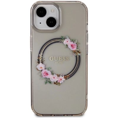 3. Guess IML Flowers Wreath MagSafe Hülle für iPhone 15 / 14 / 13 – Schwarz