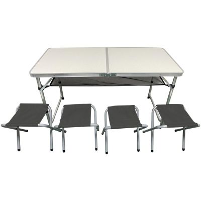 2. Klappbarer Campingtisch 120x60x70/62/55cm, 4 Stühle und Ablage