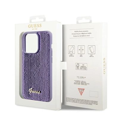 8. Guess Pailletten-Schriftzug-Metallgehäuse für iPhone 14 Pro Max – Lila