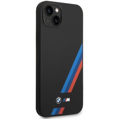 4. BMW Silikonhülle mit schrägen Streifen für iPhone 14 Plus / 15 Plus – Schwarz